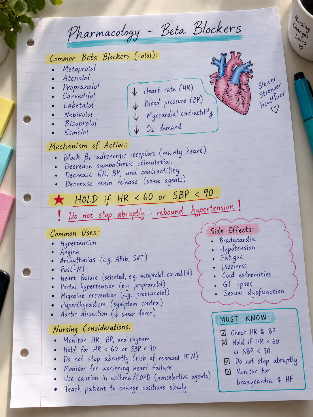 Handwritten pharmacology notes – beta blockers
