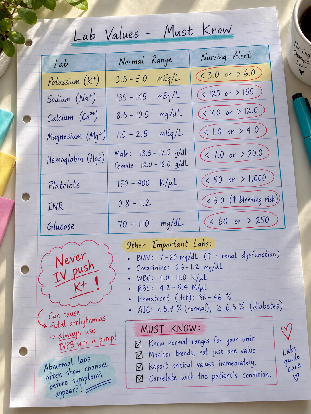 Handwritten lab values chart