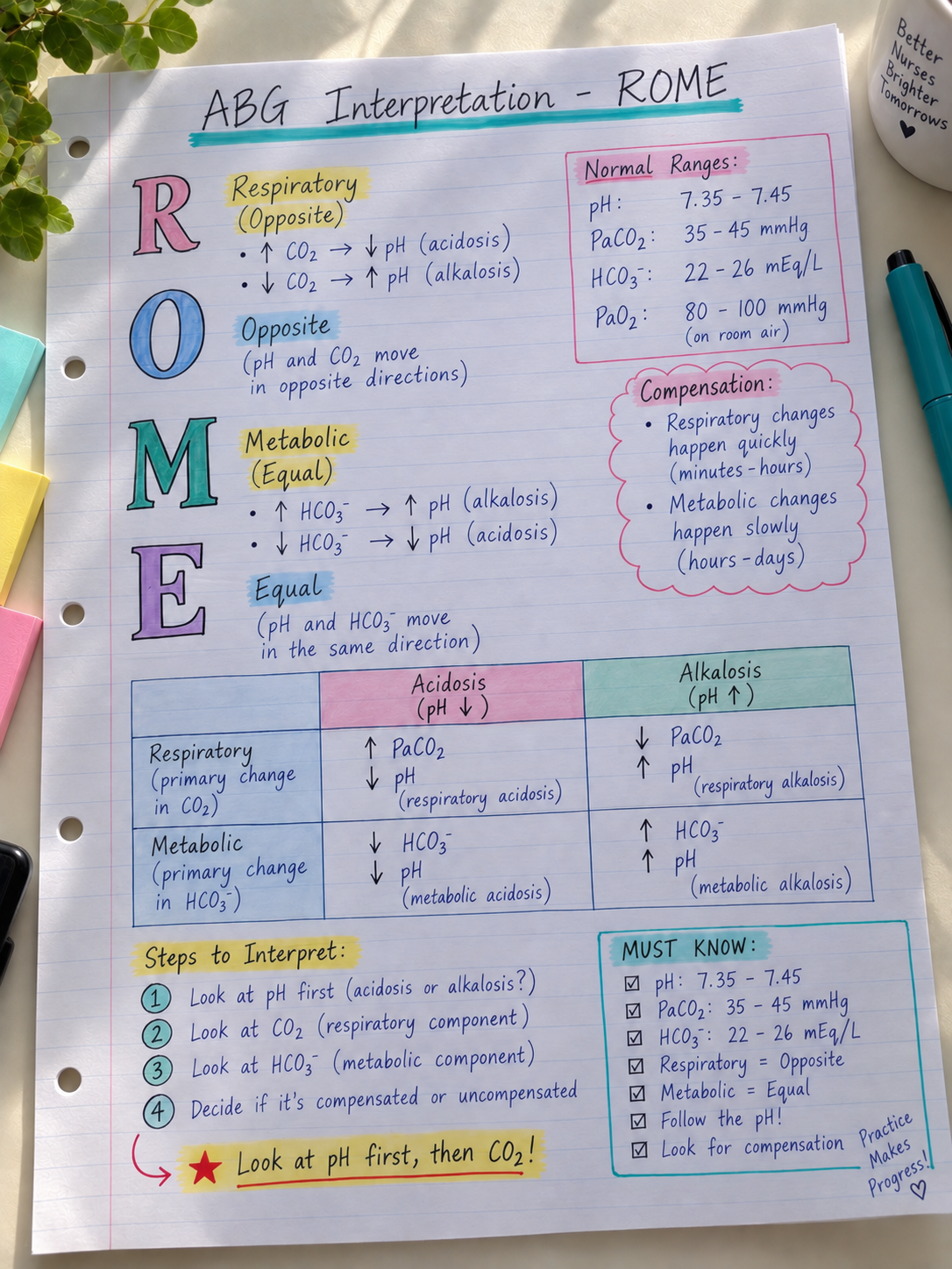 Handwritten ABG interpretation notes – ROME method