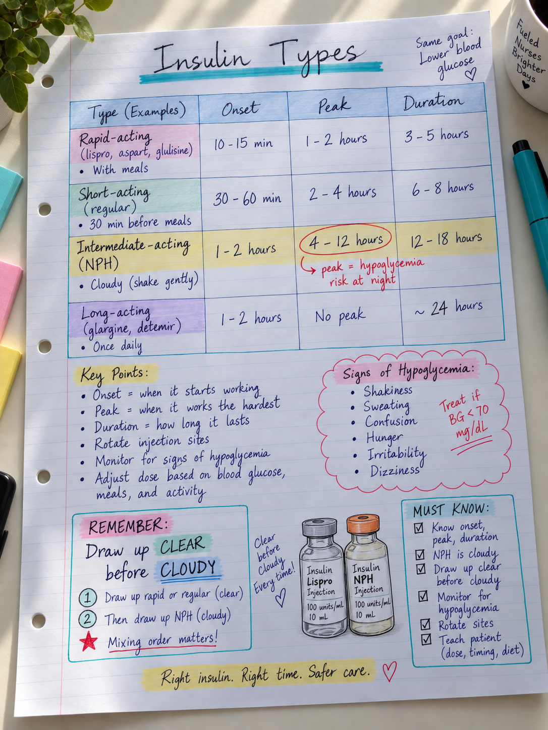 Handwritten pharmacology notes – insulin types